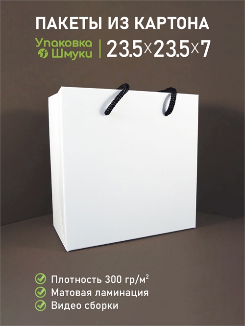 Пакет 23,5х23,5х7 см белый со сборным дном с тиснением логотипа с черными ручками 2352357_white_T