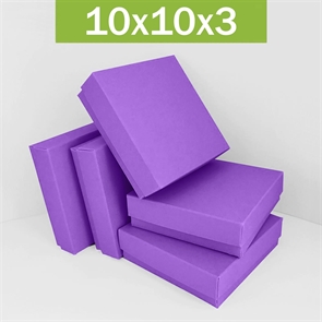 Коробка 10х10х3 см сиреневая самосборная с тиснением логотипа 10103_lilac_T