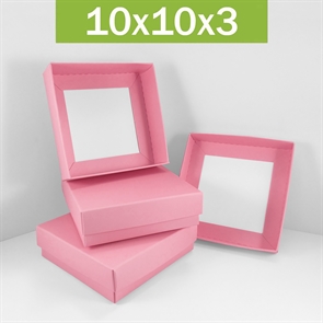 Коробка 10х10х3 см розовая самосборная с тиснением логотипа 10103_pink_print_T