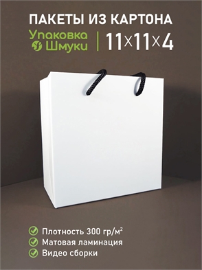 Пакет 11х11х4 см белый со сборным дном с черными ручками 11114_white